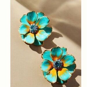 Anthropologie Pink Reef Hand Painted Torquoise and Gold Flower Earrings